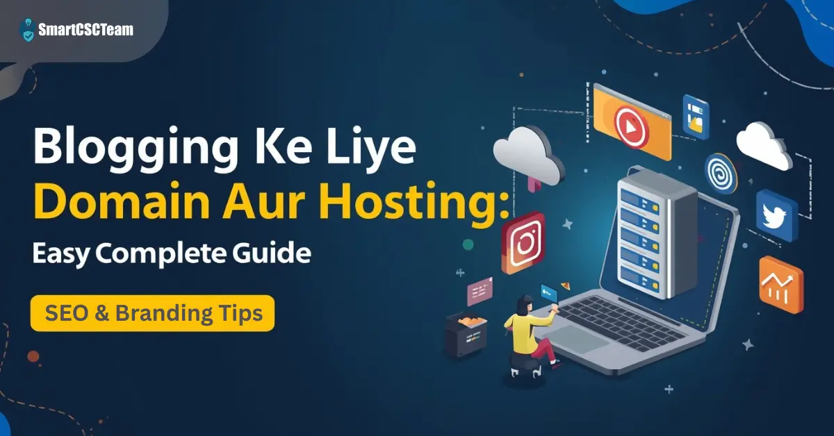 Blogging tutorial thumbnail showing laptop, website icons, domain name, and hosting server for beginners – Blogging ke liye domain aur hosting easy guide